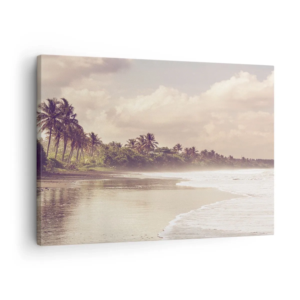 Obraz na płótnie - Plaża z palmami i delikatnymi falami o poranku - 70x50cm - Pieszczota fal - Nowoczesna dekoracja ścienna do salonu i sypialni ARTTOR