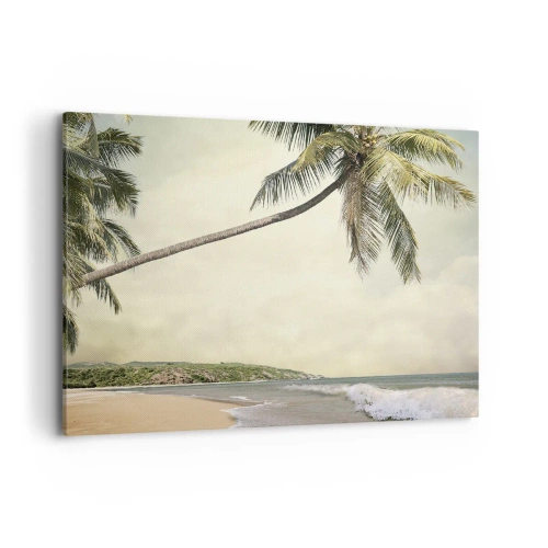 Obraz na płótnie - Plaża z palmami na tle spokojnego morza - 100x70cm - Tropikalne marzenie - Nowoczesna dekoracja ścienna do salonu, kuchni i sypialni ARTTOR