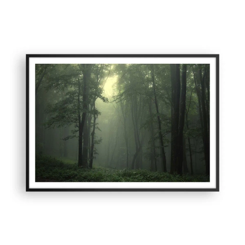 Plakat w czarnej ramie - Zielony las o poranku otulony delikatną mgłą - 100x70cm - Zanim się obudzi - Nowoczesna dekoracja ścienna do salonu i sypialni ARTTOR