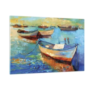 Obraz na szkle - Kolorowe łodzie na spokojnym wodnym tle - 120x80cm - W południowej zatoce - Nowoczesna dekoracja ścienna do salonu, kuchni i sypialni ARTTOR