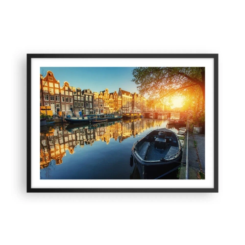Plakat w czarnej ramie - Kanał w Amsterdamie o zachodzie słońca - 70x50cm - Poranek w Amsterdamie - Nowoczesna dekoracja ścienna do salonu i sypialni ARTTOR
