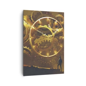 Obraz na płótnie - Złote zębate koła w surrealistycznej scenerii z postacią - 70x100cm - U źródeł czasu - Nowoczesna dekoracja ścienna do salonu i sypialni ARTTOR