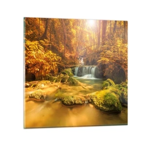 Obraz na szkle - Leśna kaskada w złocie - 50x50 cm
