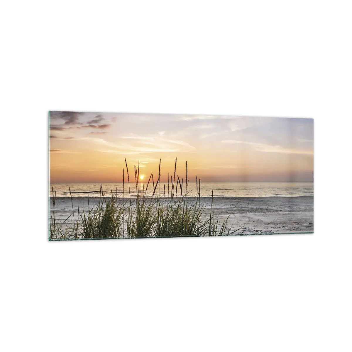Obraz na szkle - Piaszczysta plaża o zachodzie słońca z trawami w tle - 120x50cm - Popatrz, pomyśl, poczuj - Nowoczesna dekoracja ścienna do salonu i sypialni ARTTOR