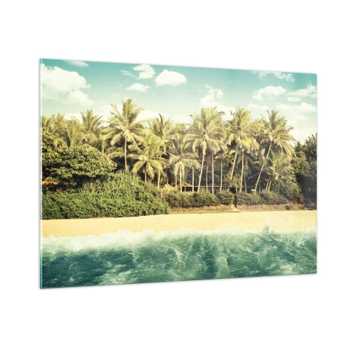 Obraz na szkle - Egzotyczna plaża z palmami i turkusowym morzem w słoneczny dzień - 100x70cm - A może tutaj? - Nowoczesna dekoracja ścienna do salonu, kuchni i sypialni ARTTOR