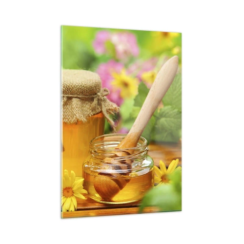 Obraz na szkle - Słoiki z miodem na tle kwiatów w ogrodzie - 50x70cm - Słodko i kwiatowo - Nowoczesna dekoracja ścienna do salonu, kuchni i sypialni ARTTOR