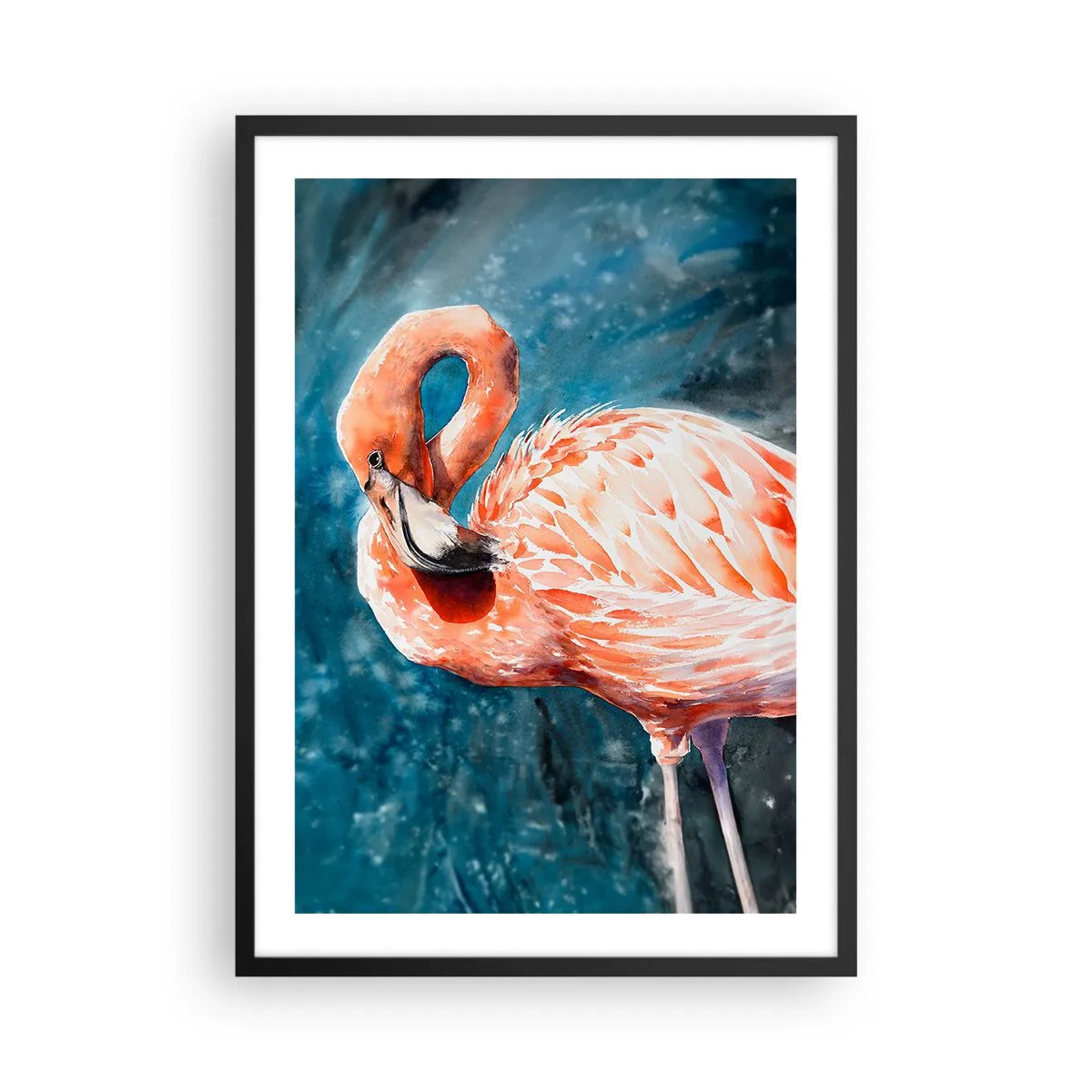 Plakat w czarnej ramie - Flaming w akwarelowym stylu na tle turkusowej wody - 50x70cm - Dekoracyjny z natury - Nowoczesna dekoracja ścienna do salonu i sypialni ARTTOR