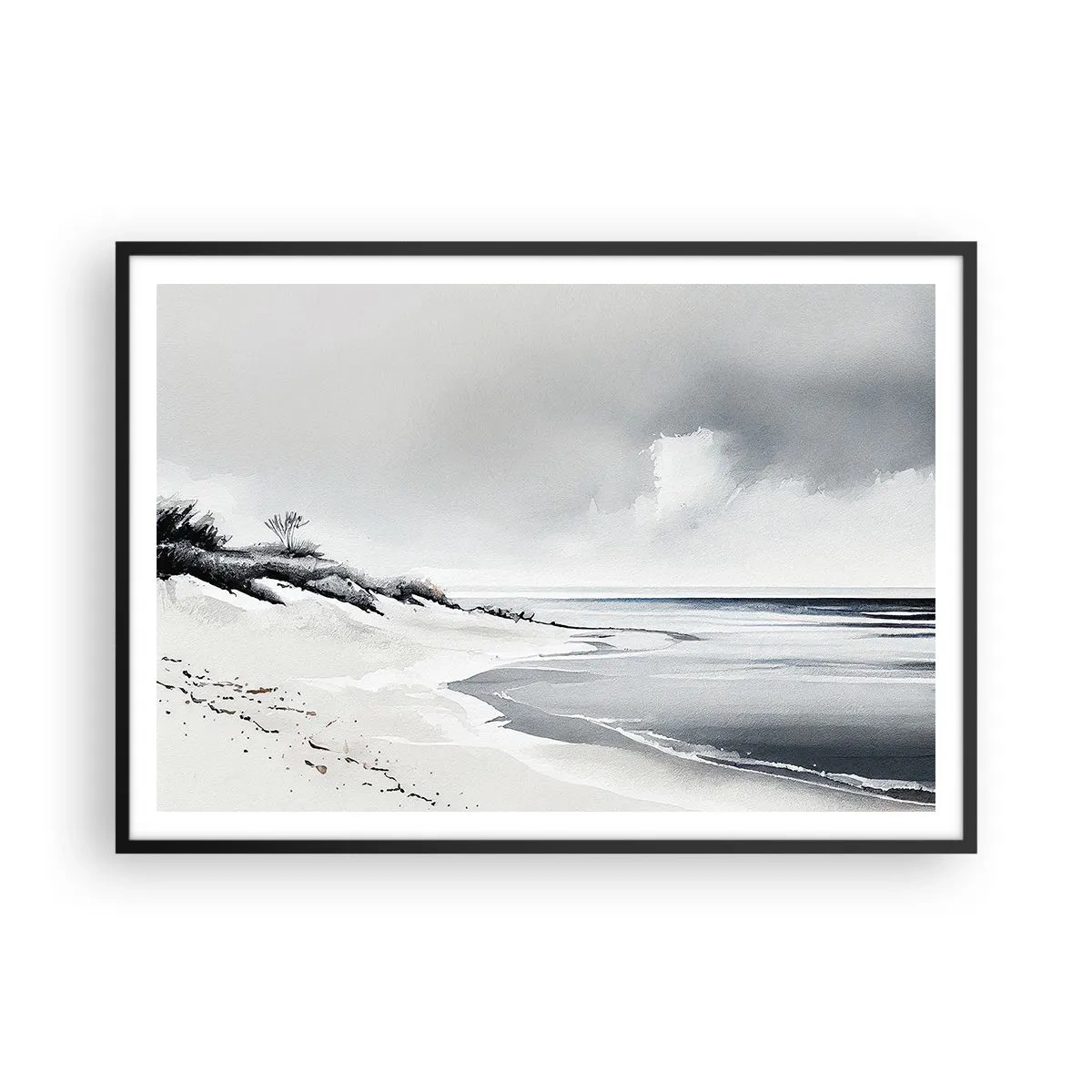 Plakat w czarnej ramie - Plaża w stonowanych odcieniach szarości i błękitu - 100x70cm - Od zawsze razem - Nowoczesna dekoracja ścienna do salonu i sypialni ARTTOR