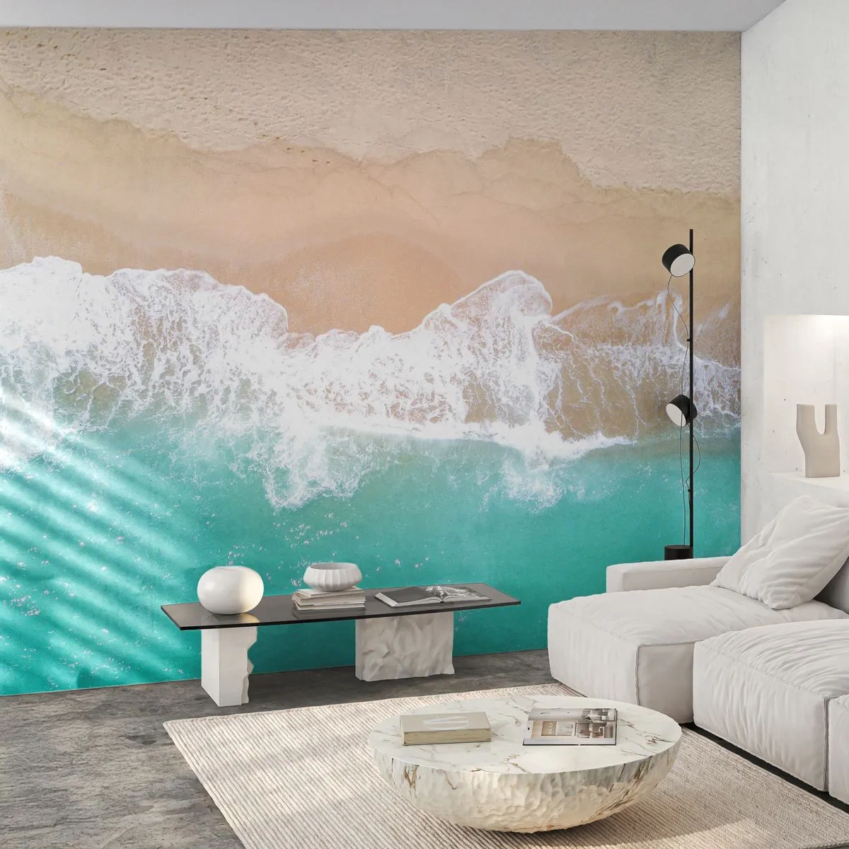 Fototapeta Premium Sand - Widok na plażę i fale oceanu z lotu ptaka - 100x70cm - Pieszczotliwy dotyk - Nowoczesna dekoracja ścienna do salonu, kuchni i sypialni ARTTOR