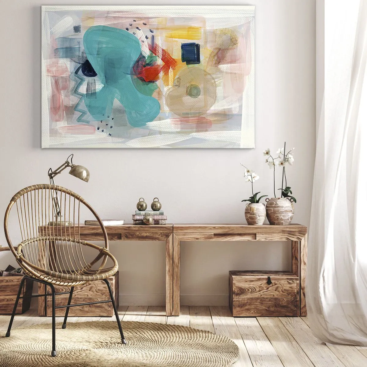 Obraz na płótnie - Abstrakcyjne kształty i kolory tworzące dynamiczną kompozycję - 70x50cm - Kolorowa gra - Nowoczesna dekoracja ścienna do salonu i sypialni ARTTOR
