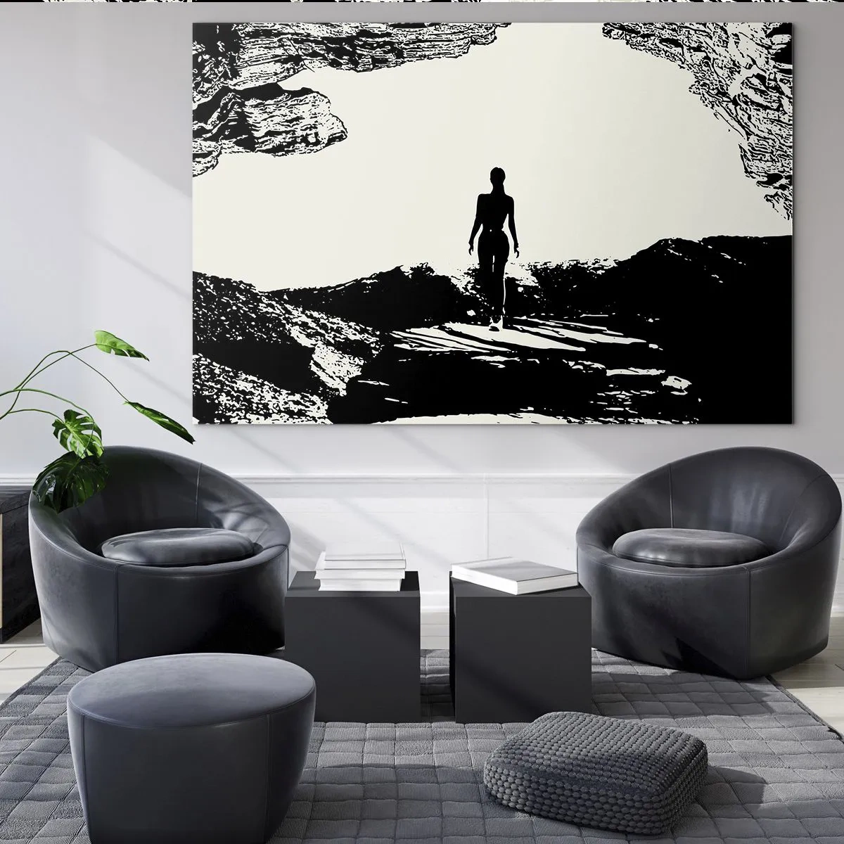 Obraz na szkle - Sylwetka kobiety wychodzącej z jaskini w czarno-białej grafice - 70x50cm - Nowe spojrzenie - Nowoczesna dekoracja ścienna do salonu i sypialni ARTTOR