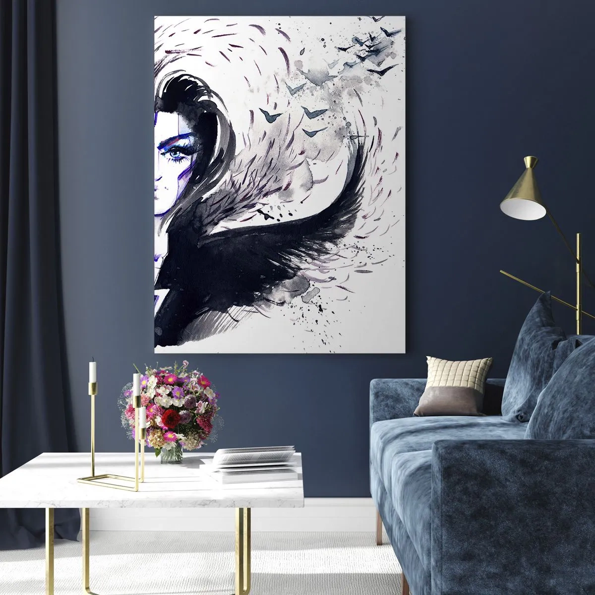 Obraz na szkle - Abstrakcyjna twarz z kontrastowymi elementami i motywem skrzydeł - 80x120cm - Demoniczna i piękna - Nowoczesna dekoracja ścienna do salonu i sypialni ARTTOR