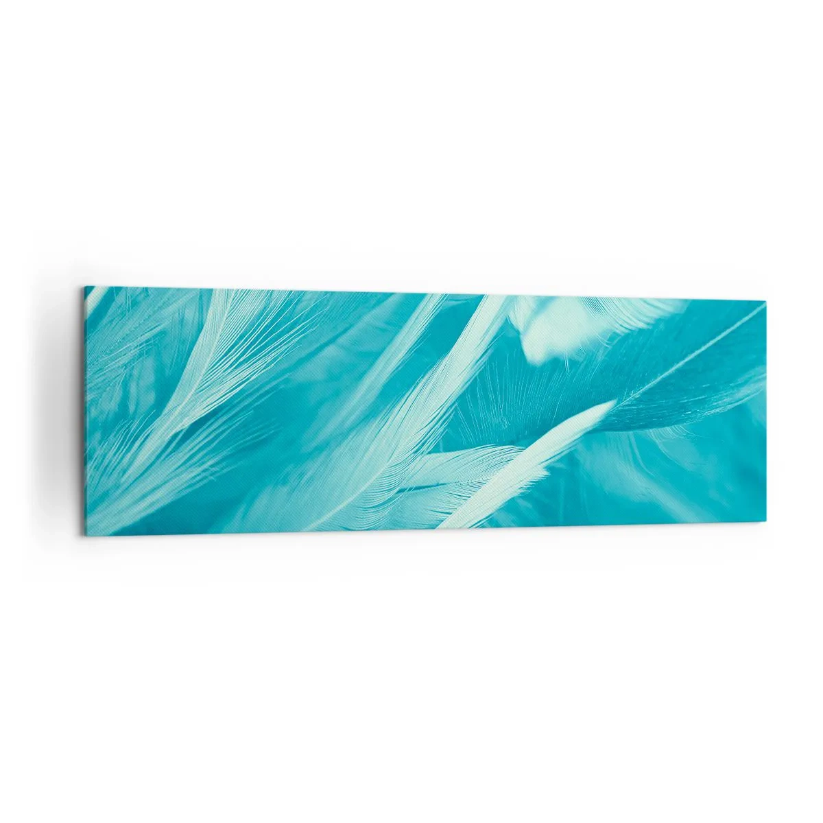 Obraz na płótnie - Delikatne turkusowe pióra w zbliżeniu - 160x50cm - Utonąć w puchu - Nowoczesna dekoracja ścienna do salonu i sypialni ARTTOR