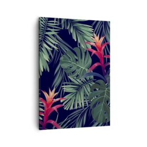 Obraz na płótnie - Tropikalne liście i czerwone kwiaty na ciemnym tle w stylu botanicznym - 50x70cm - Zapłonąć w zieleni - Nowoczesna dekoracja ścienna do salonu, kuchni i sypialni ARTTOR