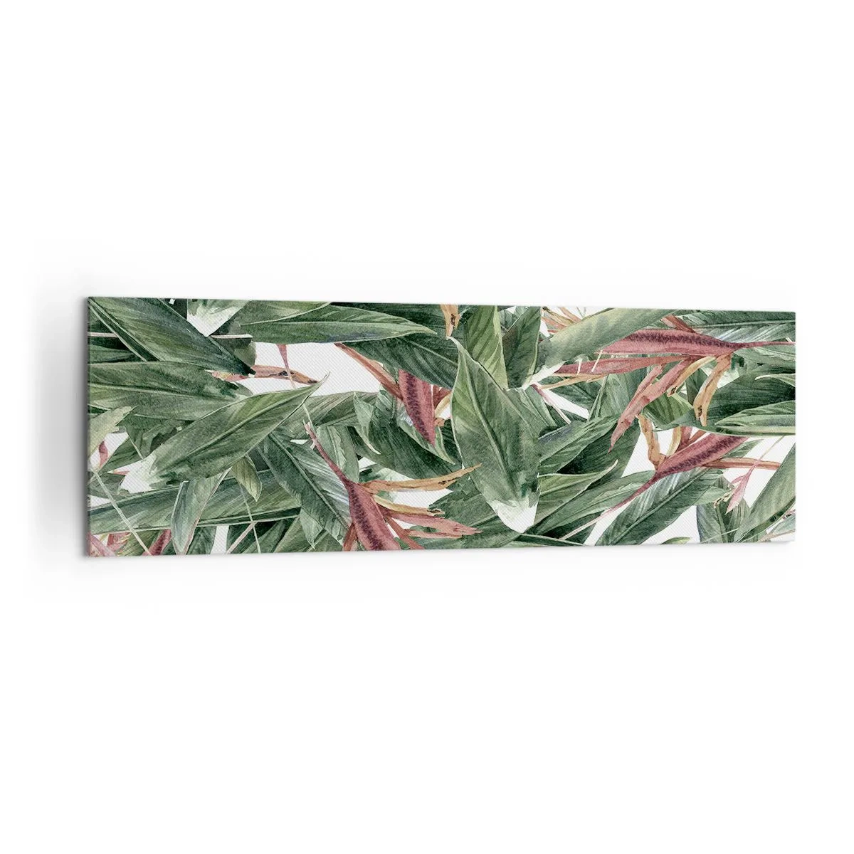Obraz na płótnie - Dekoracyjny motyw liści w odcieniach zieleni i bordo na jasnym tle - 160x50cm - Szmaragdowo-liliowy gąszcz - Nowoczesna dekoracja ścienna do salonu i sypialni ARTTOR