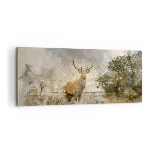 Obraz na płótnie - Jeleń w naturalnym otoczeniu w akwarelowym stylu - 120x50cm - Godność - siła - dostojeństwo - Nowoczesna dekoracja ścienna do salonu i sypialni ARTTOR