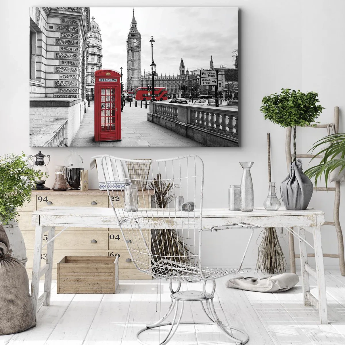 Obraz na płótnie - Czerwona budka telefoniczna na tle Big Bena w Londynie - 70x50cm - Bez wątpienia Londyn - Nowoczesna dekoracja ścienna do salonu i sypialni ARTTOR