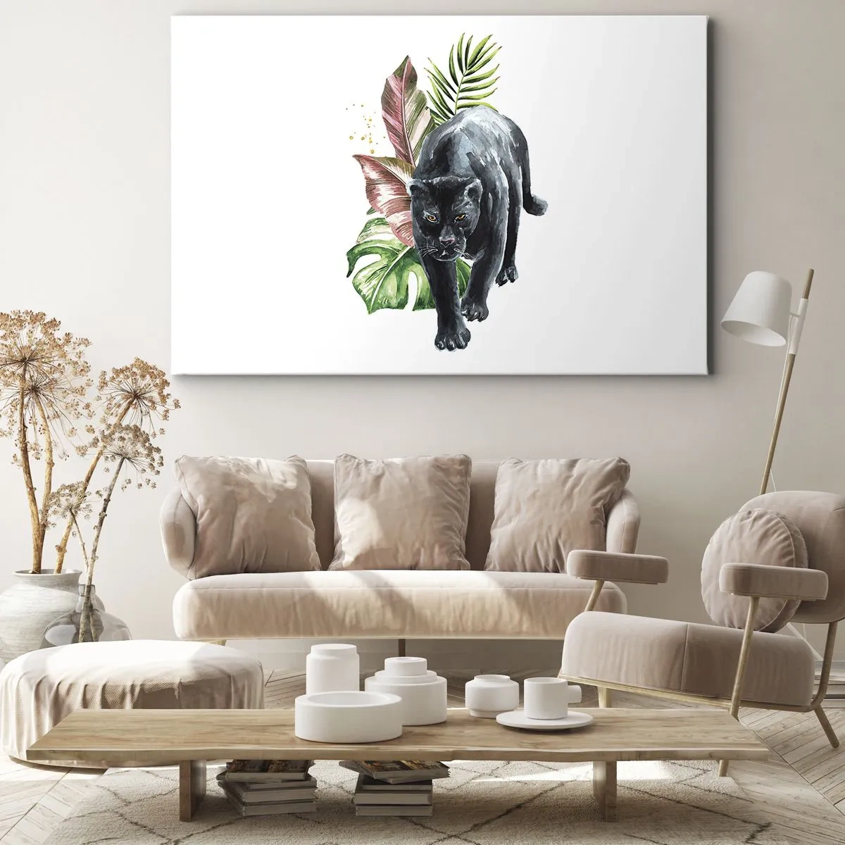 Obraz na płótnie - Czarna pantera w otoczeniu tropikalnych liści - 70x50cm - Dzikość serca - Nowoczesna dekoracja ścienna do salonu i sypialni ARTTOR