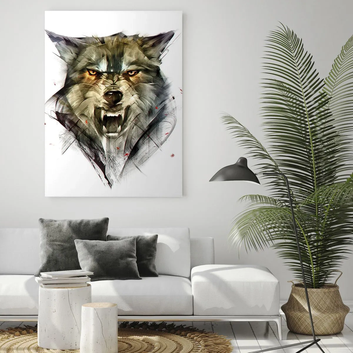 Obraz na szkle - Grafika groźnego wilka z otwartym pyskiem i intensywnym spojrzeniem - 50x70cm - Ani kroku! - Nowoczesna dekoracja ścienna do salonu, kuchni i sypialni ARTTOR