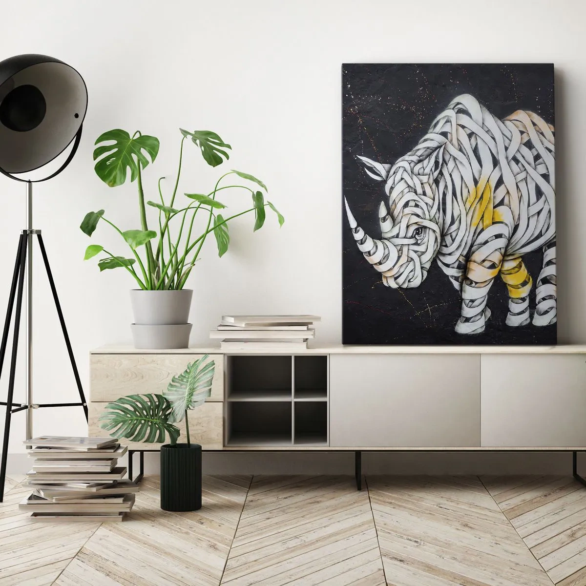 Obraz na płótnie - Rzeźbiony nosorożec z abstrakcyjnych pasów na ciemnym tle - 80x120cm - Gruboskórność to mit - Nowoczesna dekoracja ścienna do salonu i sypialni ARTTOR