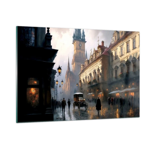Obraz na szkle - Zabytkowa ulica oświetlona latarniami o zmierzchu - 120x80cm - Czar praskiego wieczoru - Nowoczesna dekoracja ścienna do salonu, kuchni i sypialni ARTTOR
