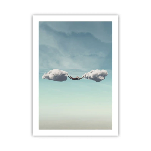 Plakat - Hamak zawieszony między dwoma chmurami na tle nieba - 50x70cm - Błogość chwili - Nowoczesna dekoracja ścienna do salonu, kuchni i sypialni ARTTOR