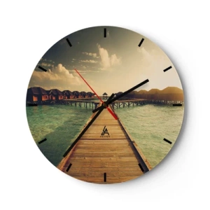 Zegar ścienny - Pomost prowadzący do domków na wodzie w świetle zachodu - 30x30cm - Gorące zaproszenie - Nowoczesna dekoracja ścienna do salonu, kuchni i sypialni ARTTOR