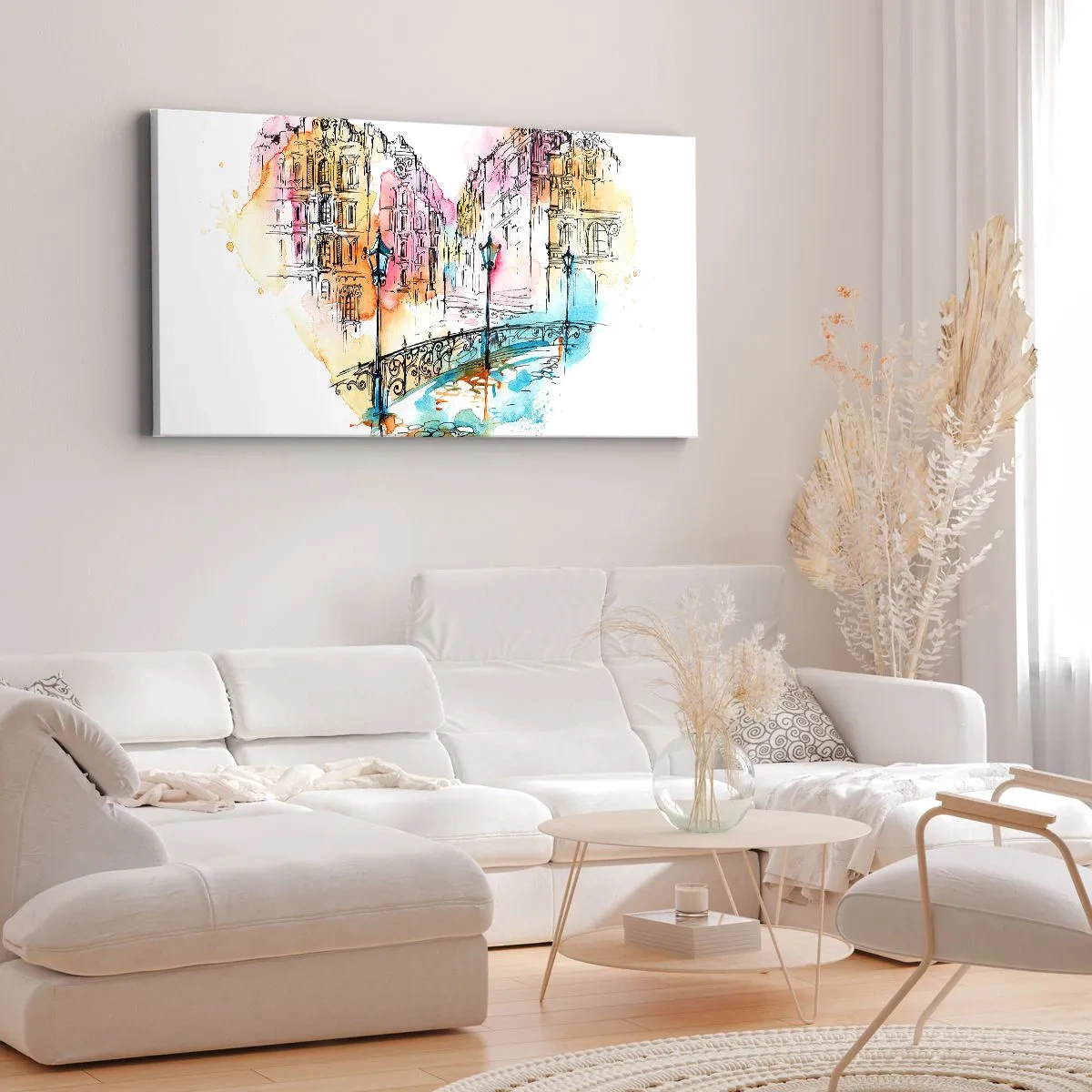 Obraz na płótnie - Akwarela mostu i kamienic w sercowym kształcie - 120x50cm - Serce miasta - Nowoczesna dekoracja ścienna do salonu i sypialni ARTTOR