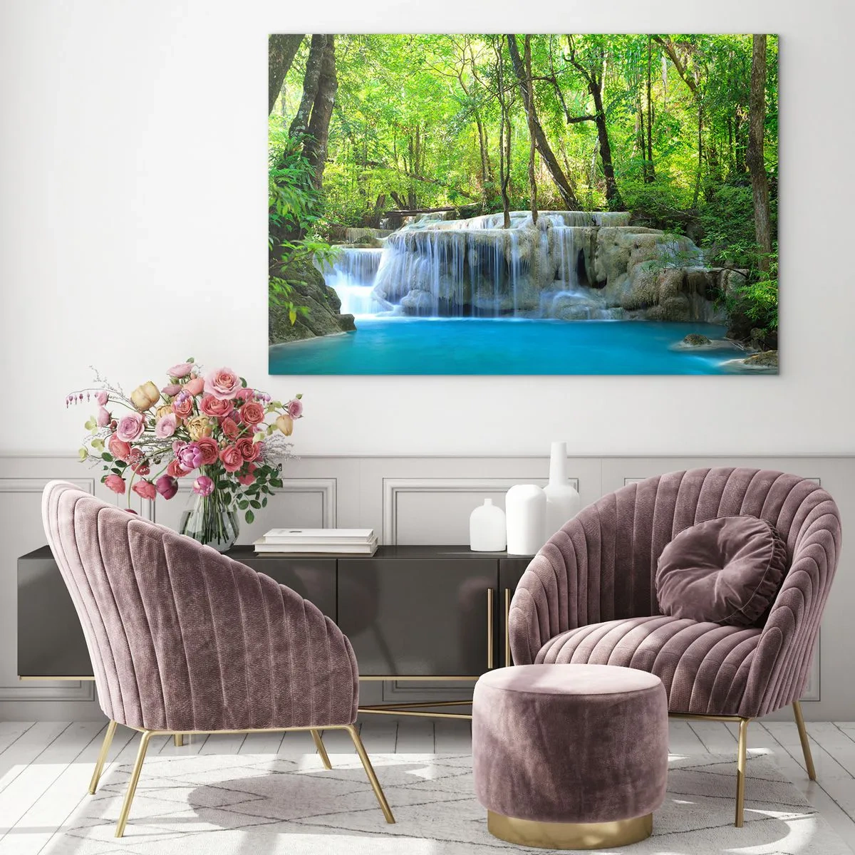 Obraz na szkle - Wodospad w otoczeniu zielonych drzew i błękitnej wody - 120x80cm - Utonąć w turkusie i w zieleni - Nowoczesna dekoracja ścienna do salonu, kuchni i sypialni ARTTOR