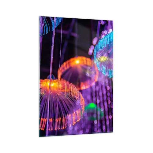 Obraz na szkle - Kolorowe świetlne meduzy w ciemnym otoczeniu - 80x120cm - Świetlna fontanna - Nowoczesna dekoracja ścienna do salonu i sypialni ARTTOR