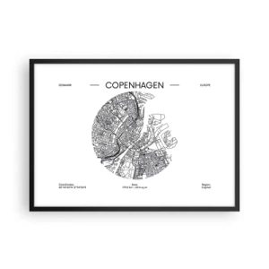 Plakat w czarnej ramie - Mapa Kopenhagi w minimalistycznym, czarno-białym stylu - 70x50cm - Anatomia Kopenhagi - Nowoczesna dekoracja ścienna do salonu i sypialni ARTTOR