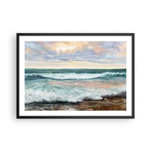 Plakat w czarnej ramie - Morskie fale na tle zachmurzonego nieba o zachodzie słońca - 70x50cm - Tutaj wygładzisz duszę - Nowoczesna dekoracja ścienna do salonu i sypialni ARTTOR