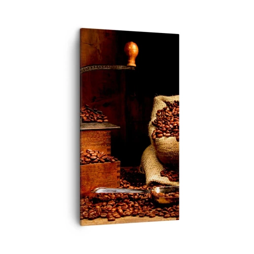 Obraz na płótnie - Martwa natura z ziarnami kawy i młynkiem - 45x80 cm