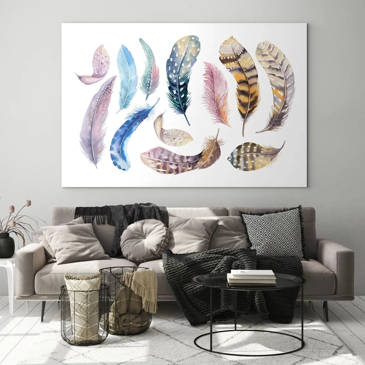 Obraz na szkle - Kolorowe pióra w artystycznym stylu na białym tle - 70x50cm - Lekkie, pstrokate i wielobarwne - Nowoczesna dekoracja ścienna do salonu i sypialni ARTTOR
