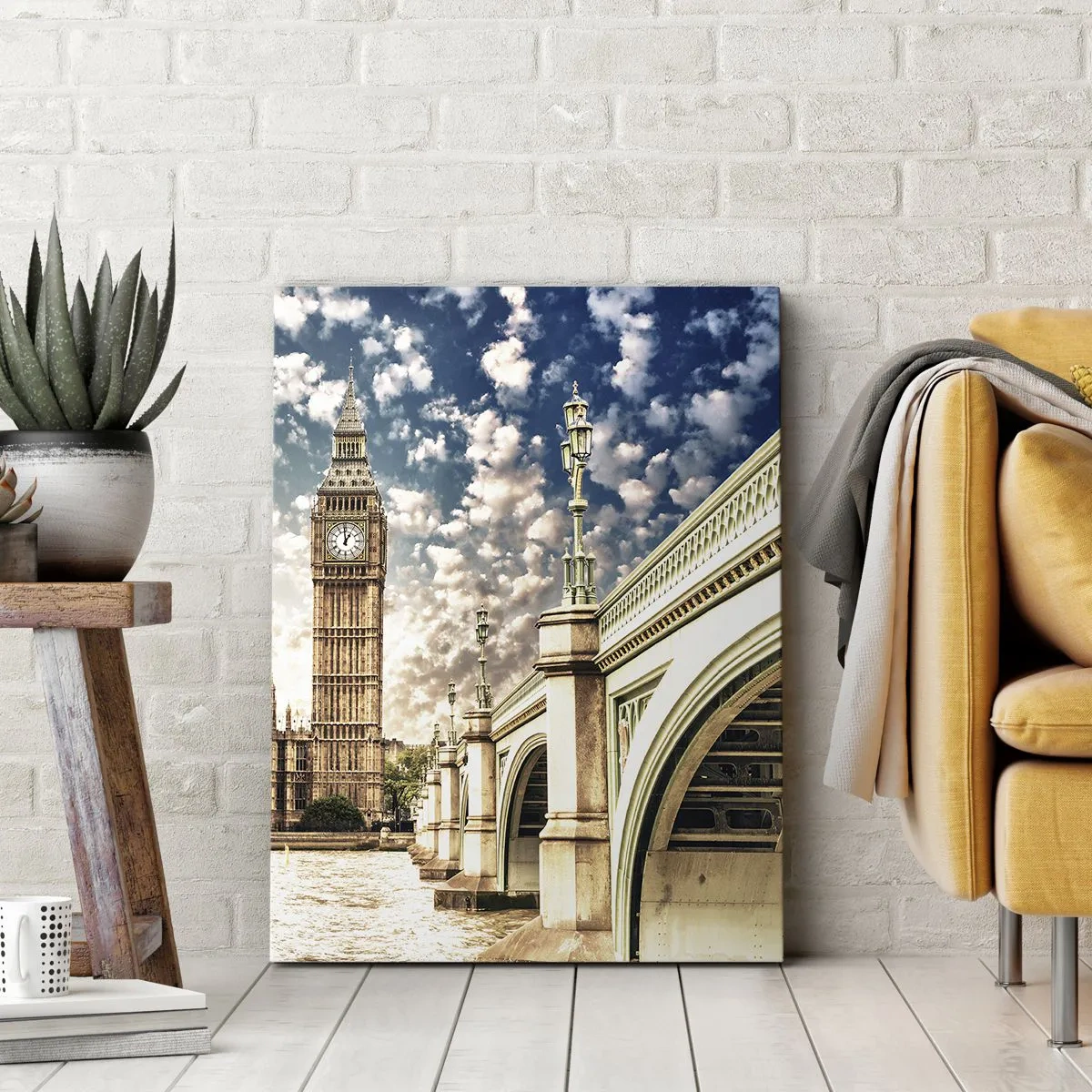 Obraz na płótnie - Big Ben i Westminster Bridge oświetlone słońcem w Londynie - 80x120cm - Pierzaste obłoki nad  Tamizą - Nowoczesna dekoracja ścienna do salonu i sypialni ARTTOR