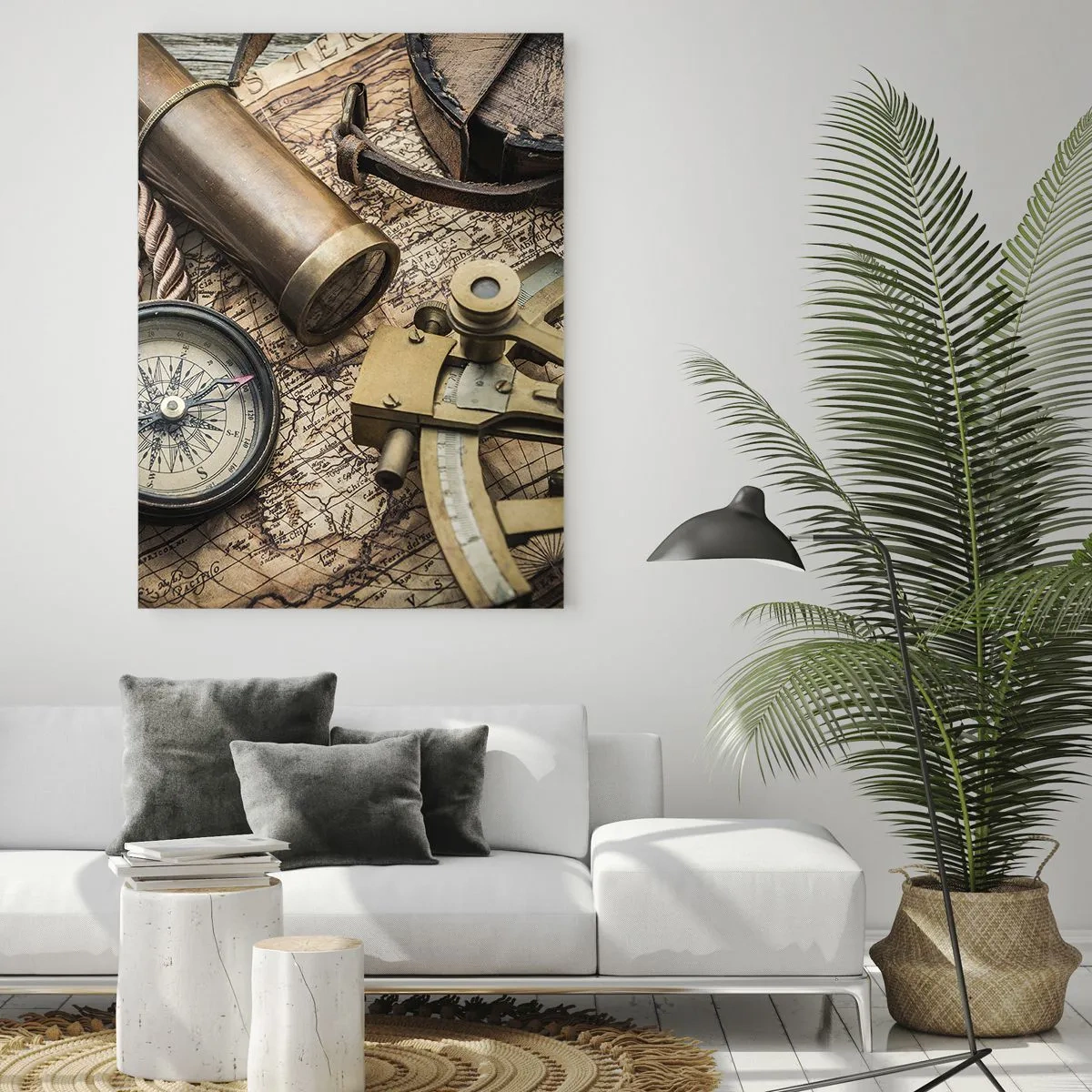 Obraz na szkle - Kompas, sekstant i luneta na tle starej mapy i liny żeglarskiej - 80x120cm - Wyznacz kurs - Nowoczesna dekoracja ścienna do salonu i sypialni ARTTOR