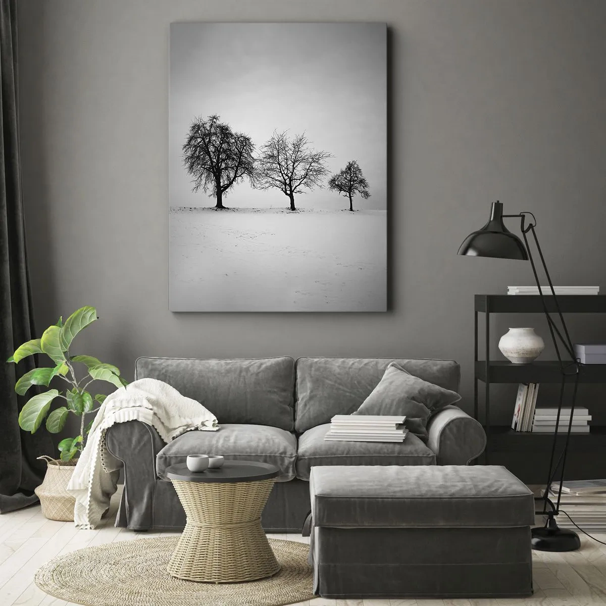 Obraz na płótnie - Trzy drzewa na zaśnieżonym polu w monochromatycznym stylu - 80x120cm - O czym śnią? - Nowoczesna dekoracja ścienna do salonu i sypialni ARTTOR