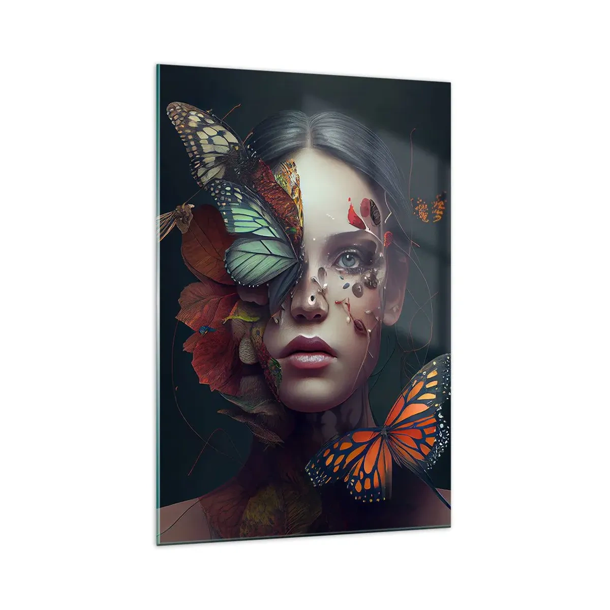 Obraz na szkle - Portret kobiety z motylami i elementami roślinnymi - 70x100cm - Cudowna metamorfoza - Nowoczesna dekoracja ścienna do salonu i sypialni ARTTOR
