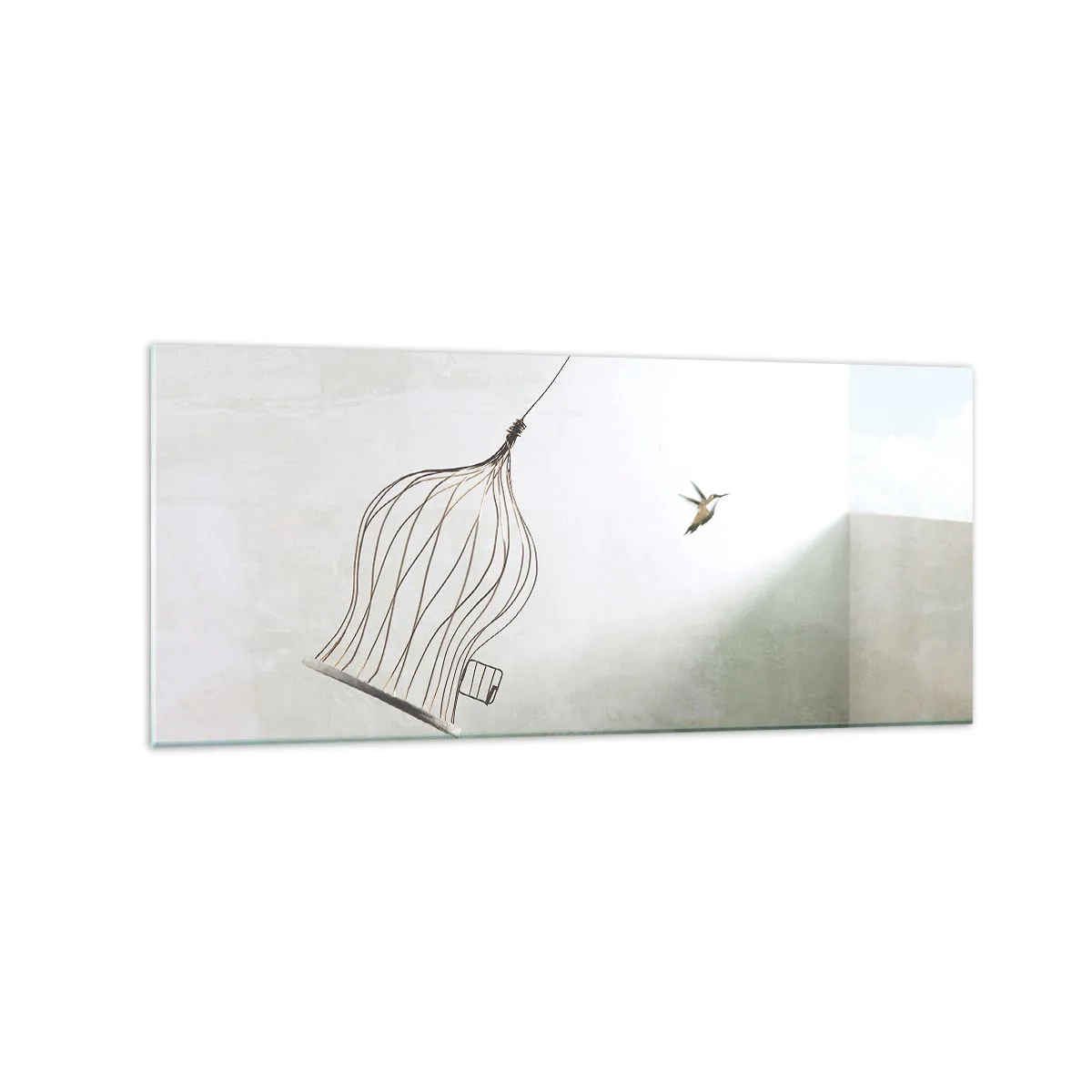 Obraz na szkle - Ptaszek uwolniony z klatki na tle jasnego nieba - 120x50cm - W swoim żywiole - Nowoczesna dekoracja ścienna do salonu i sypialni ARTTOR