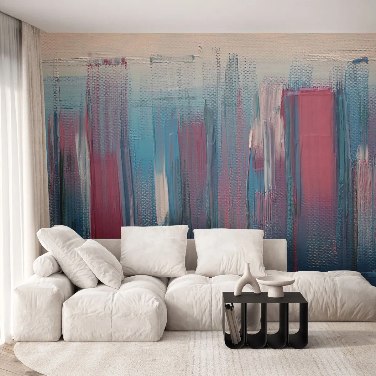 Fototapeta Premium Canvas - Abstrakcyjne pionowe formy w odcieniach błękitu i czerwieni - 100x70cm - Kompozycja wertykalna w błękicie i czerwieni - Nowoczesna dekoracja ścienna do salonu i sypialni ARTTOR