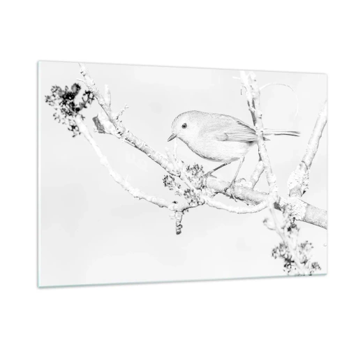 Obraz na szkle - Ptak siedzący na gałęzi w zimowej, monochromatycznej scenerii - 120x80cm - Zimowy poranek - Nowoczesna dekoracja ścienna do salonu, kuchni i sypialni ARTTOR