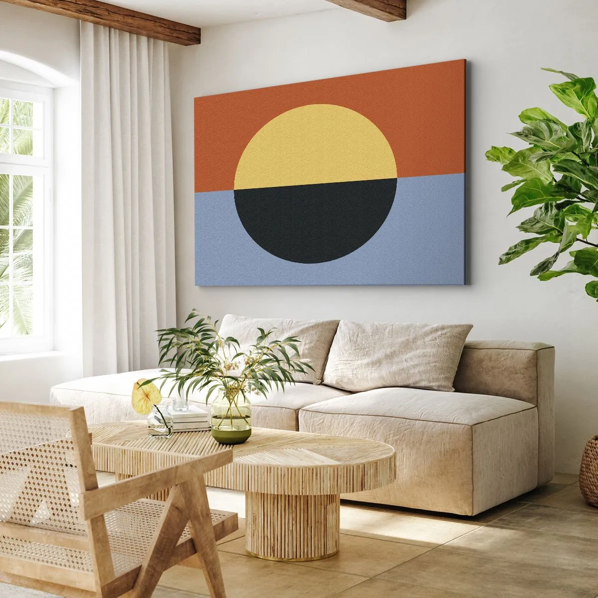 Obraz na płótnie - Abstrakcja geometryczna z kontrastowymi kolorami - 70x50cm - Kompozycja ciepła i chłodu - Nowoczesna dekoracja ścienna do salonu i sypialni ARTTOR