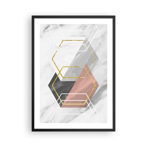 Plakat w czarnej ramie - Geometryczne heksagony na marmurowym tle - 50x70cm - Kompozycja łańcuchowa - Nowoczesna dekoracja ścienna do salonu i sypialni ARTTOR