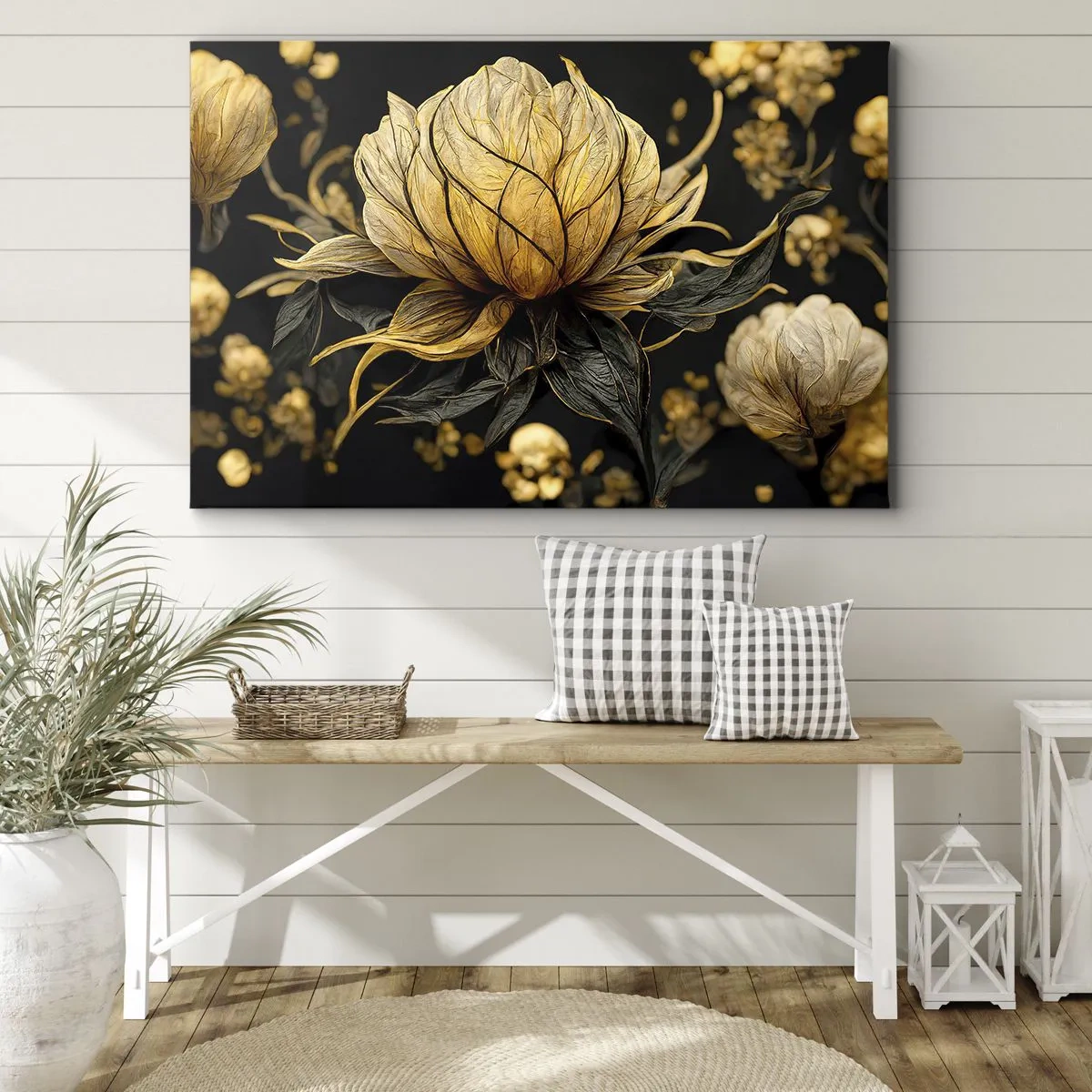 Obraz na płótnie - Złoty kwiat na ciemnym tle - 70x50cm - Subtelna kruchość - Nowoczesna dekoracja ścienna do salonu i sypialni ARTTOR
