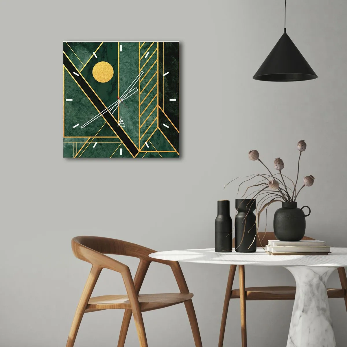 Zegar ścienny - Geometria w zieleni i złocie z eleganckim wzorem - 30x30cm - Dynamika złota i lazuru - Nowoczesna dekoracja ścienna do salonu i sypialni ARTTOR