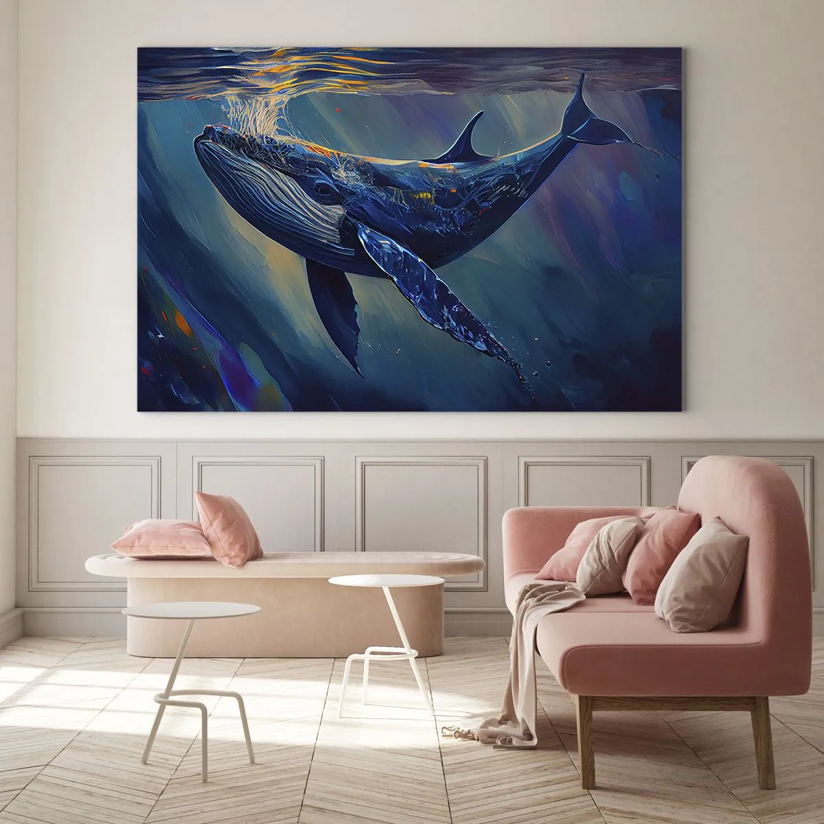 Obraz na szkle - Wieloryb unoszący się pod taflą wody w świetle słońca - 70x50cm - Witaj w moim świecie - Nowoczesna dekoracja ścienna do salonu i sypialni ARTTOR