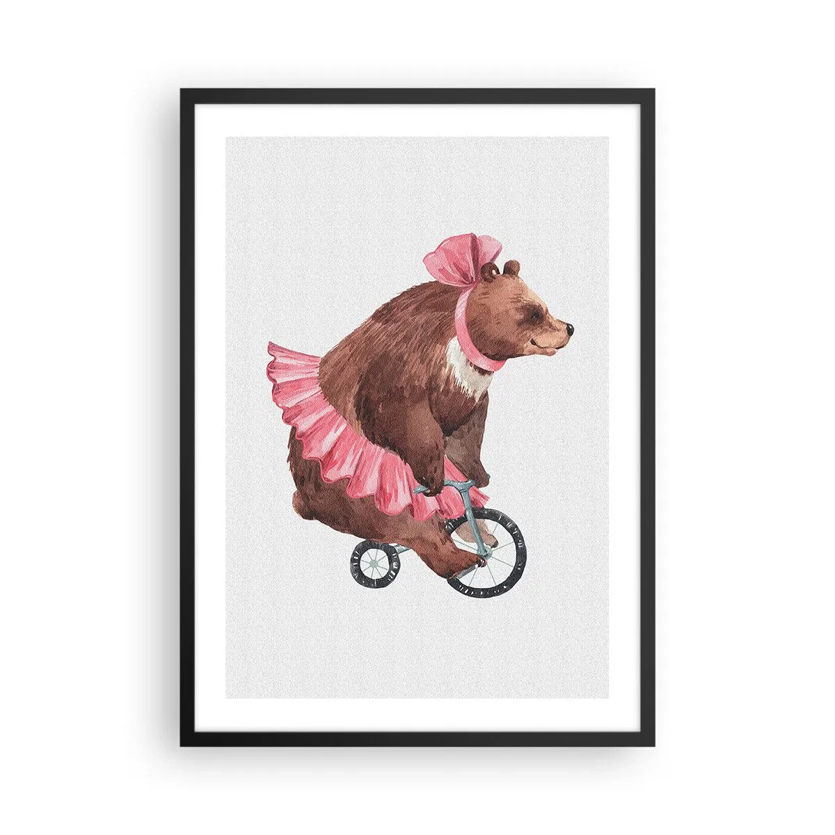 Plakat w czarnej ramie - Akwarelowa ilustracja niedźwiedzia w różowej spódniczce jadącego na rowerku - 50x70cm - Ale cyrk! - Nowoczesna dekoracja ścienna do salonu i sypialni ARTTOR