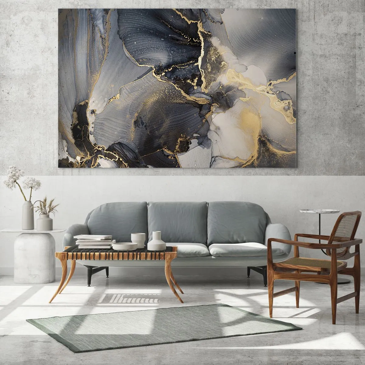 Obraz na szkle - Abstrakcyjne złoto i szarość na płótnie - 120x50cm - Życie kamienia - Nowoczesna dekoracja ścienna do salonu i sypialni ARTTOR