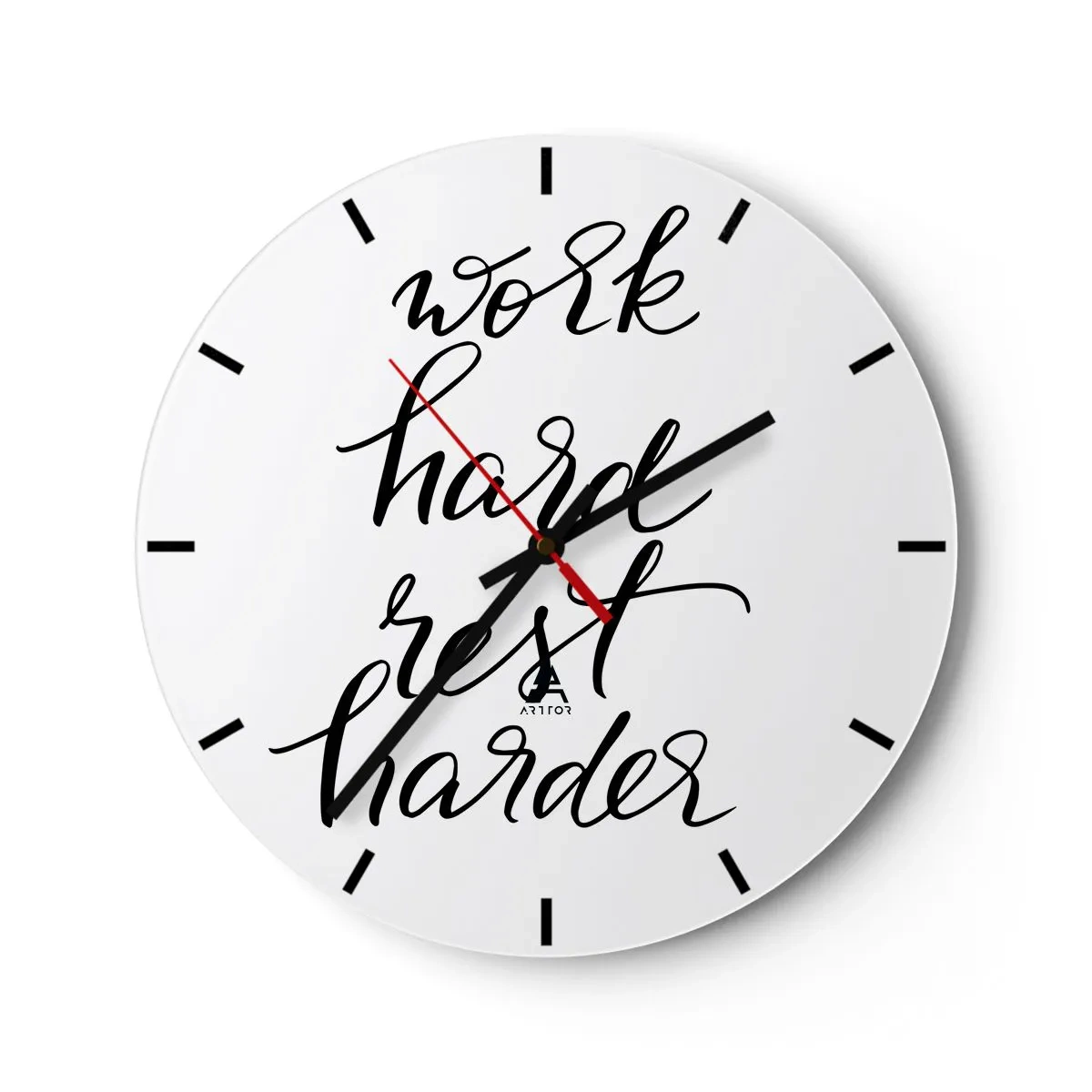 Zegar ścienny - Czarno-biały napis work hard rest harder na białym tle - 30x30cm - Życiowa równowaga - Nowoczesna dekoracja ścienna do salonu, kuchni i sypialni ARTTOR