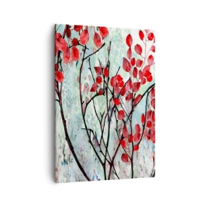 Obraz na płótnie - Czerwone liście na gałęziach na tle akwarelowego tła - 50x70cm - Drzewo w szkarłacie - Nowoczesna dekoracja ścienna do salonu, kuchni i sypialni ARTTOR